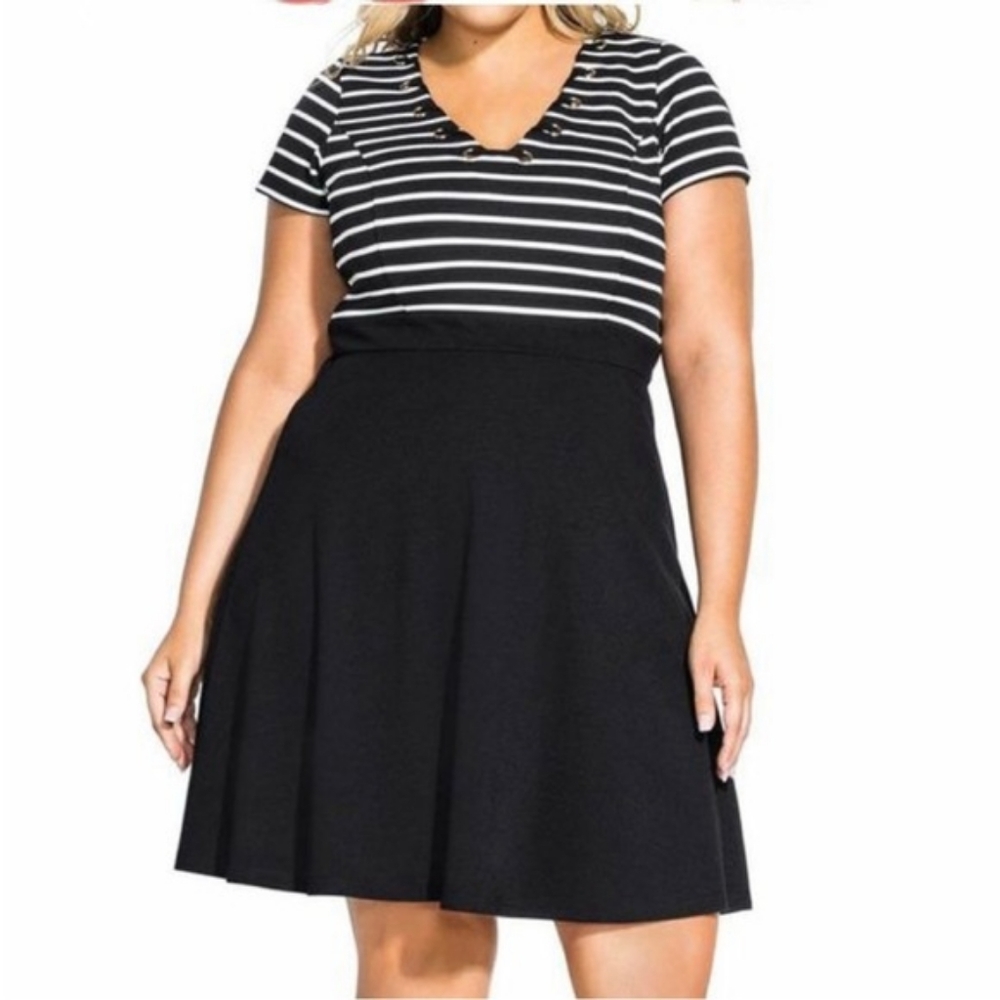 16 NWT City Chic Black White Sailor Stripe Nautical Fit & Flare Dress
